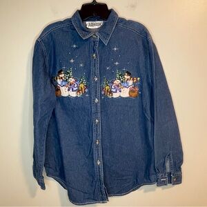 Lauren Brooke Vintage Charming Denim Snowman Christmas Women's Button Down Shirt